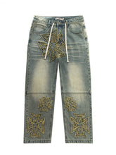 VALLEY Vintage Cross‑Shaped Towel‑Embroidered Baggy Jeans, Washed‑Blue Unisex Streetwear Denim Pants