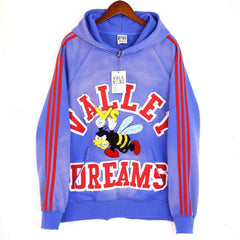 Valley Dreams Cartoon Bee Chenille Patch Pullover Hoodie, Blue Vintage Distressed Striped‑Sleeve Streetwear Unisex Sweatshirt
