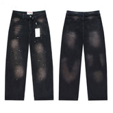 Valley Dreams Embroidery Splatter‑Paint Baggy Jeans, Vintage Washed‑Black Unisex Wide‑Leg Denim Pants