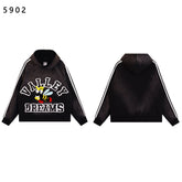 Valley Dreams Cartoon Bee Chenille Patch Pullover Hoodie, Black Vintage Distressed Striped‑Sleeve Streetwear Unisex Sweatshirt
