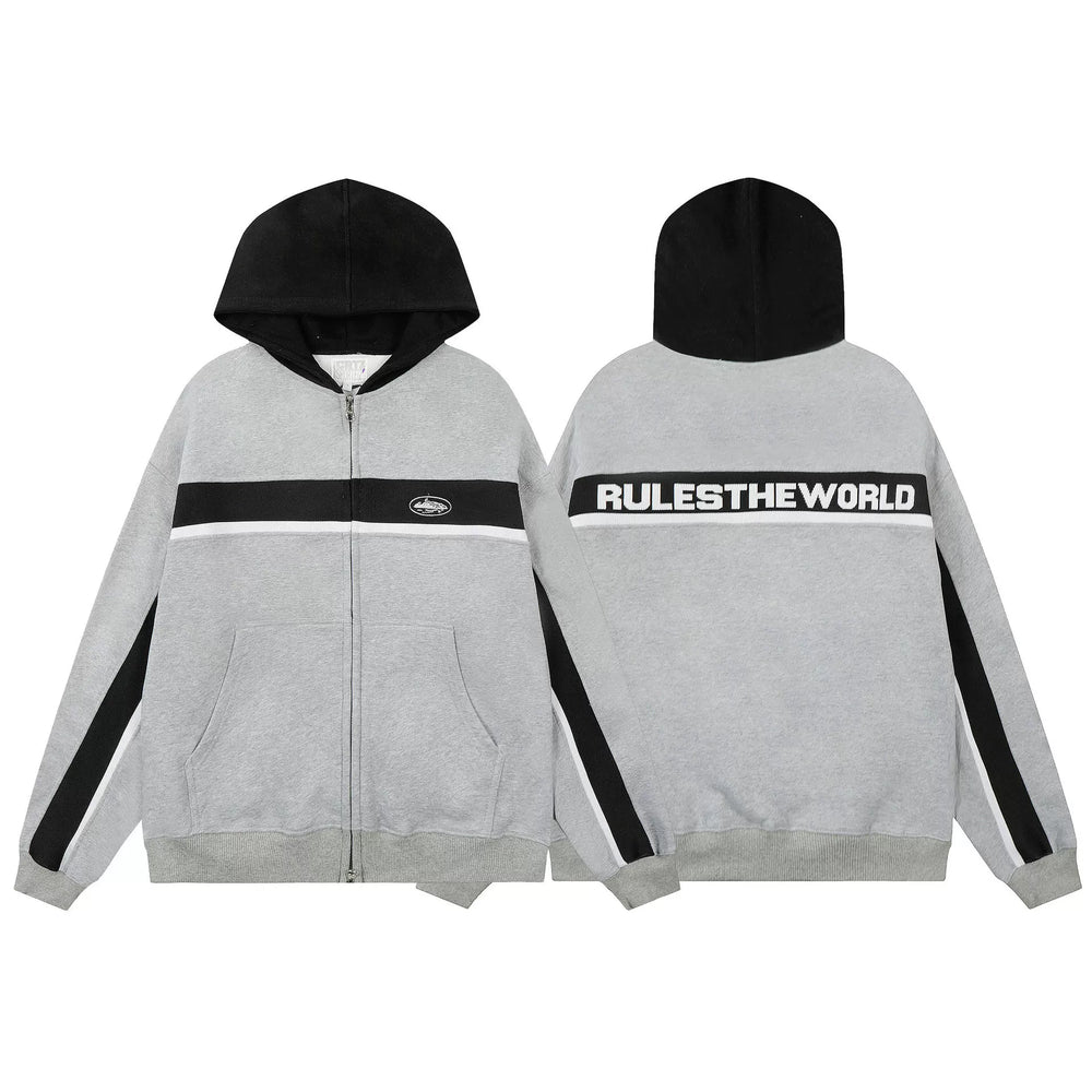 Grey & Black Color Block Zip-Up Hoodie | Streetwear Hoodie with Back Logo Detail