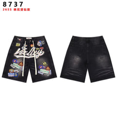VALEFOREVER Black Denim Shorts with Multi Patch Logo & Rhinestone Print