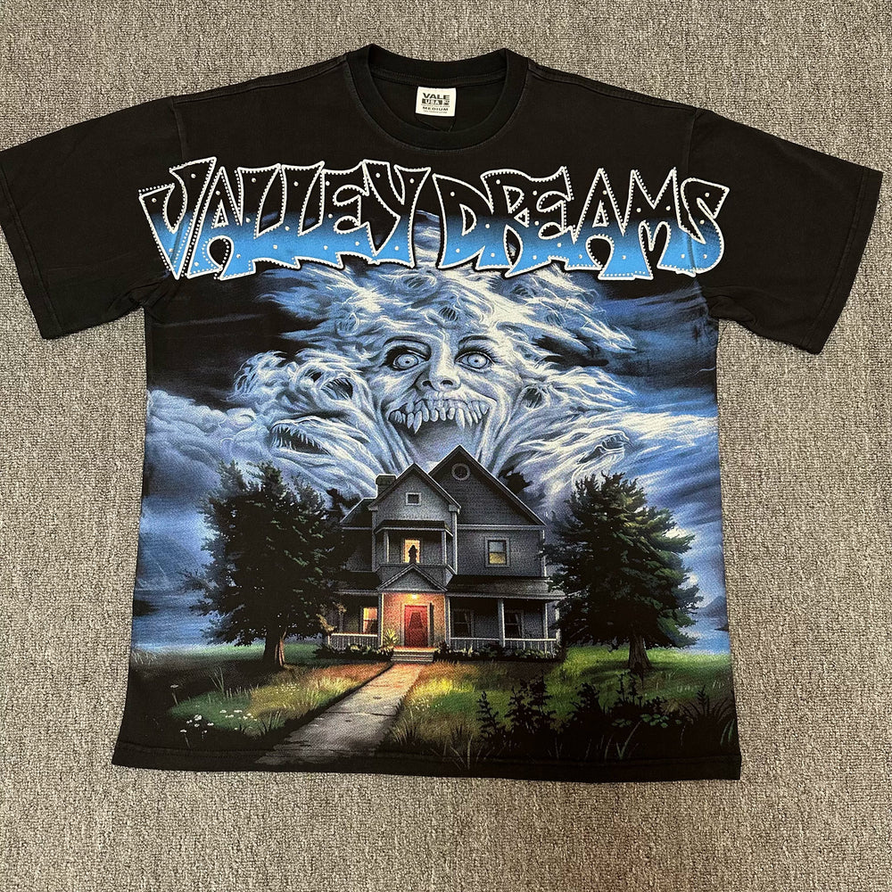 VALEFOREVER Black Haunted House Ghost Vintage Horror Graphic Short Sleeve T-Shirt