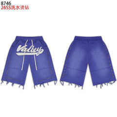 VALEFOREVER Blue Washed Rhinestone Shorts with Script Logo & Fringe Hem