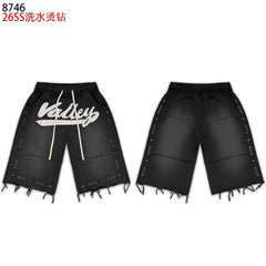 VALEFOREVER Black Washed Rhinestone Shorts with Script Logo & Fringe Hem