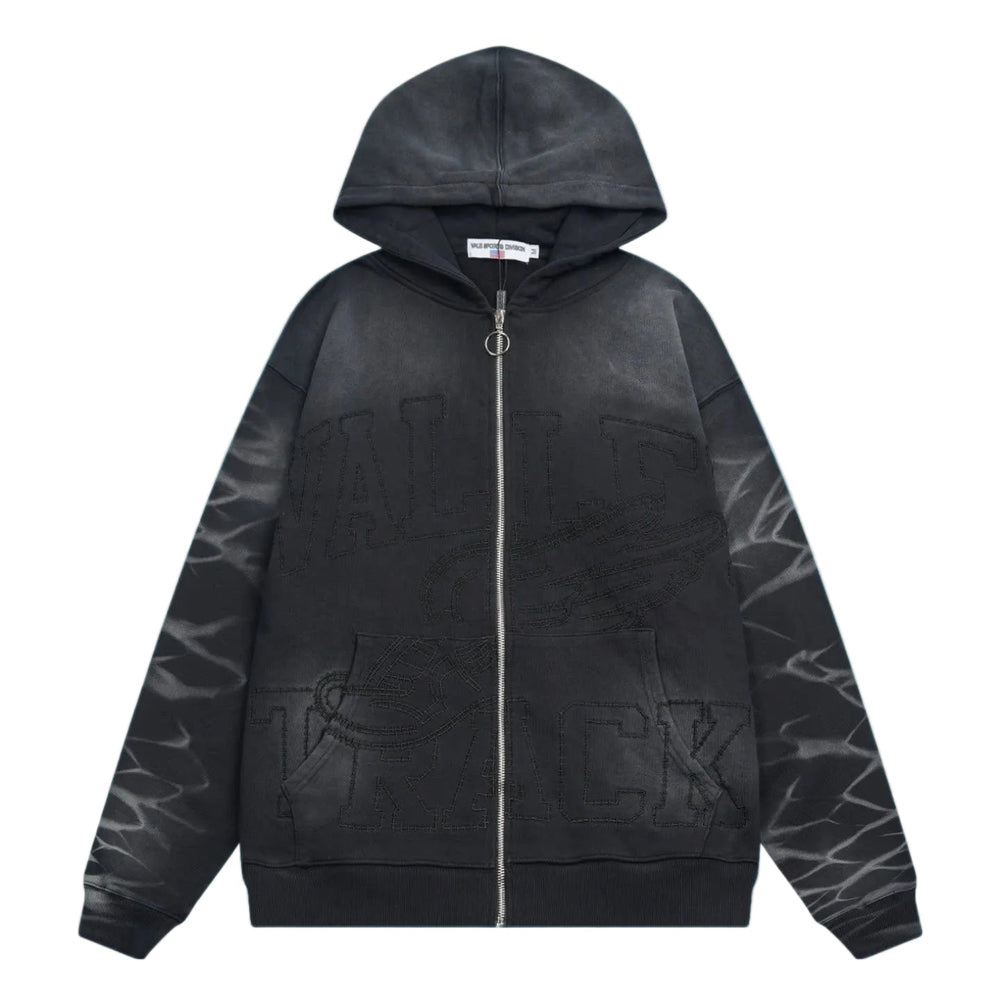 Valley Track Embossed Lightning‑Sleeve Zip‑Up Hoodie, Unisex Black Vintage Streetwear Jacket