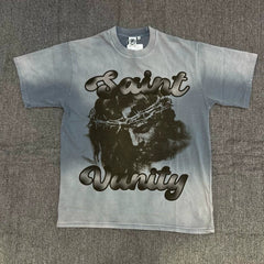 SAINT VANITY American street style SAINT VANITY washed and distressed portrait print T-shirt