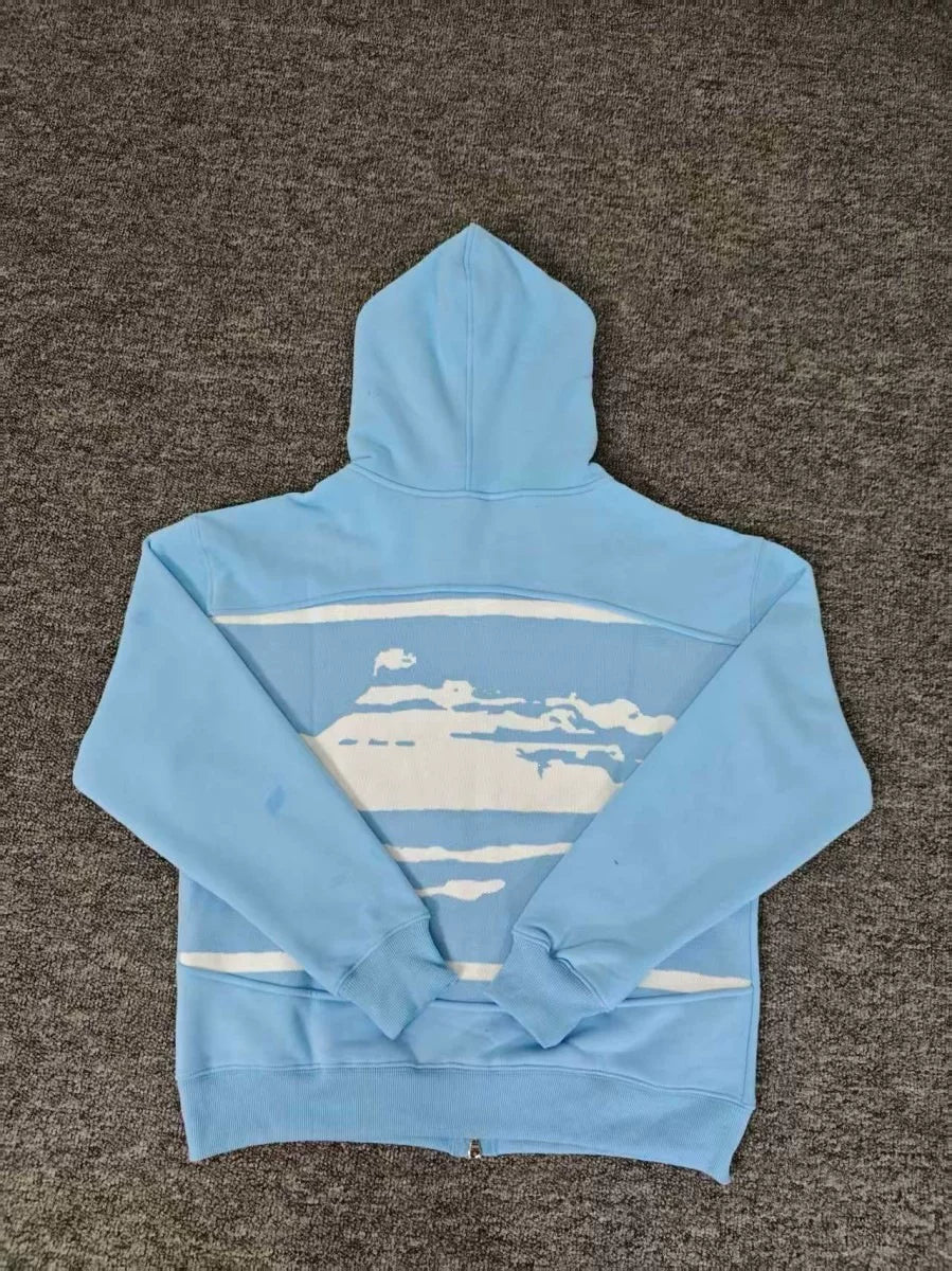 Sky Blue Graphic Zip-Up Hoodie | Streetwear Hoodie with Abstract Back Print Design