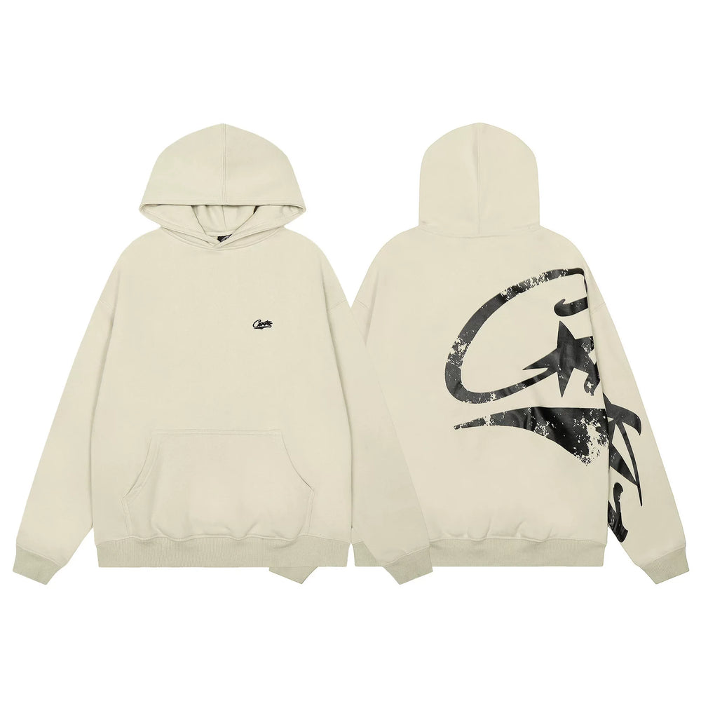 Cream Graphic Zip-Up Hoodie | Minimalist Streetwear Hoodie with Abstract Back Print