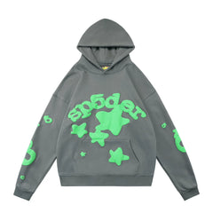 SP5DER Star Bubble Letter Graphic Pullover Hoodie Hip‑Hop Street‑Wear Sweatshirt