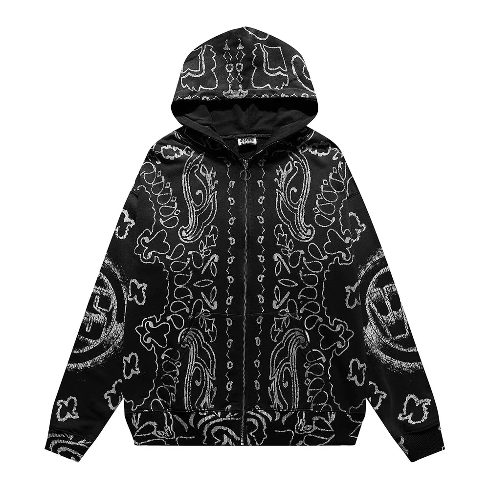 VALEFOREVER Black White Bandana Paisley Full Print Zip Hoodie