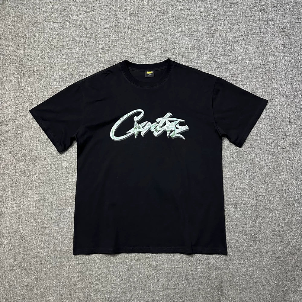 Corteiz Graffiti Script Logo Black T-Shirt — Bold Streetwear Tee with Signature Handstyle Print