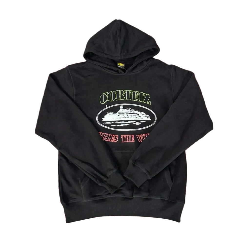Corteiz “Alcatraz” Black Hoodie — Vintage Island Graphic on Oversized Streetwear Pullover