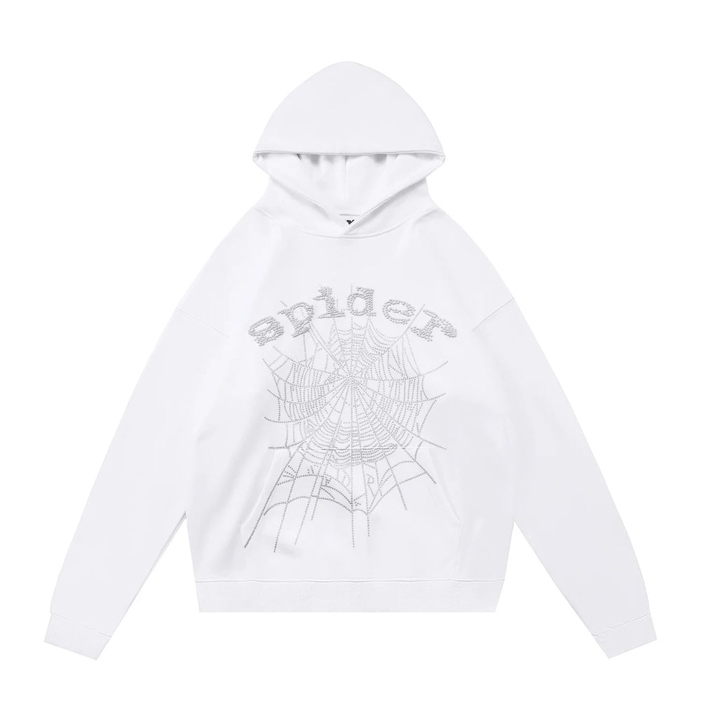 Sp5der Rhinestone Spider‑Web Pullover Hoodie Hip‑Hop Street‑Wear Sweatshirt
