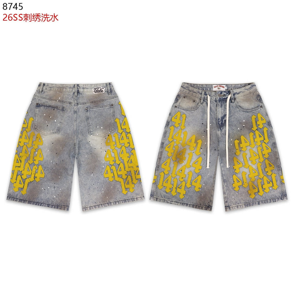 VALEFOREVER Vintage Washed Denim Shorts with Yellow 41 Embroidery Print