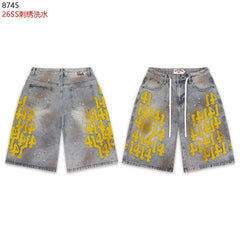 VALEFOREVER Vintage Washed Denim Shorts with Yellow 41 Embroidery Print