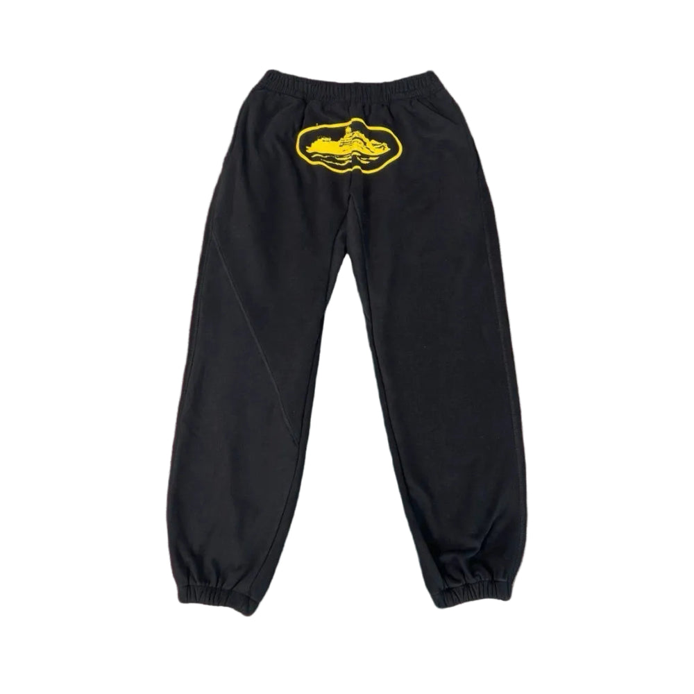 Corteiz Alcatraz Black Sweatpants — Signature Yellow Oval Logo on Relaxed-Fit Joggers