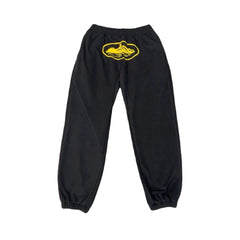 Corteiz Alcatraz Black Sweatpants — Signature Yellow Oval Logo on Relaxed-Fit Joggers