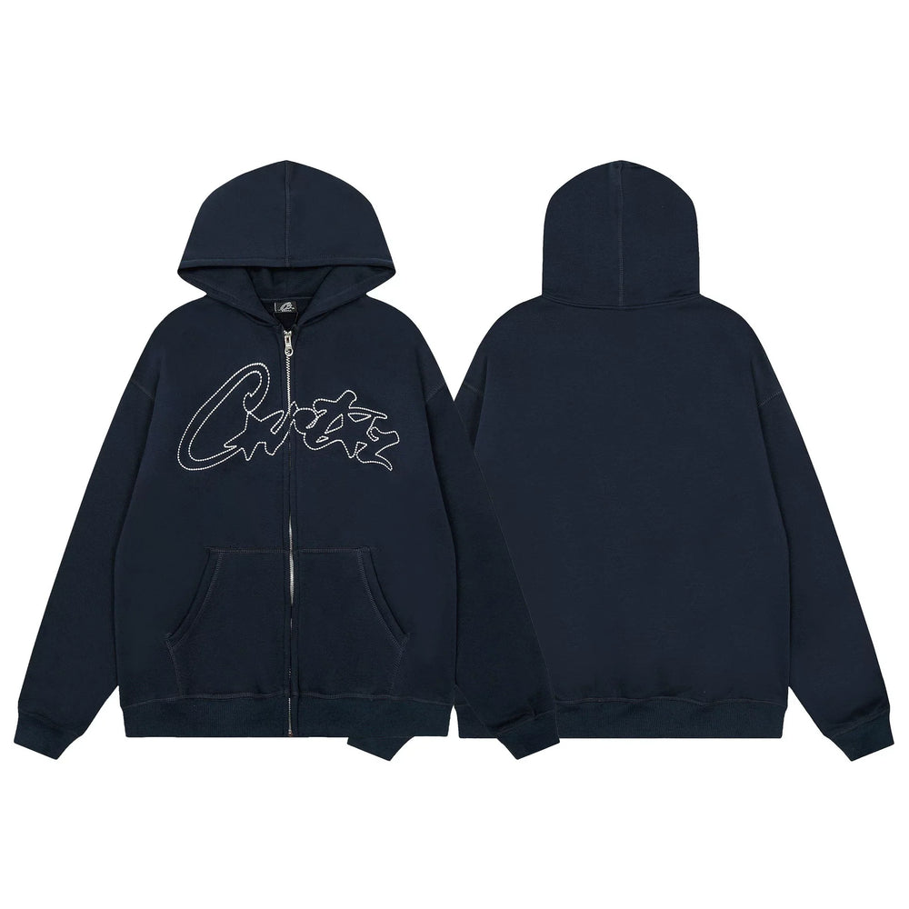 Navy Blue Graphic Zip-Up Hoodie | Premium Streetwear Hoodie with Front Script Logo
