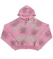Valley Dreams Rhinestone Zip‑Up Cropped Hoodie, Unisex Pink Washed Streetwear Jacket