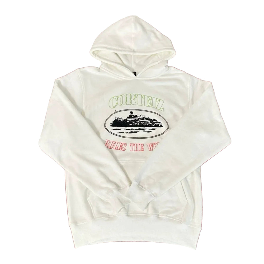 Corteiz “Alcatraz” Off-White Hoodie — Vintage Island Graphic on Oversized Streetwear Pullover