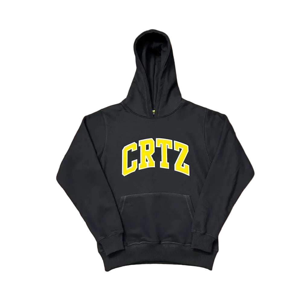 Corteiz “CRTZ” Black Hoodie — Bold Yellow Lettering on Classic Streetwear Silhouette