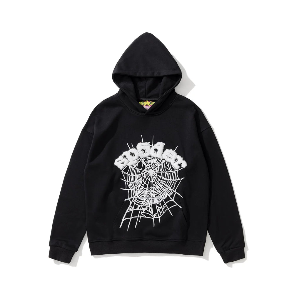 SP5DER Spider‑Web Graphic Pullover Hoodie Hip‑Hop Street‑Wear Sweatshirt