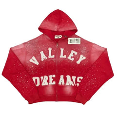 Valley Dreams Rhinestone Zip‑Up Cropped Hoodie, Unisex Red Washed Streetwear Jacket