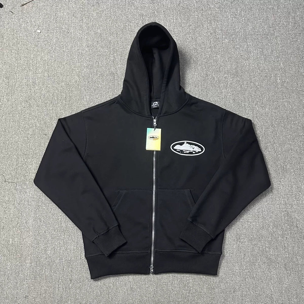 Black Zip-Up Hoodie | Minimalist Streetwear Hoodie with Embroidered Logo Detail