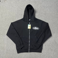 Black Zip-Up Hoodie | Minimalist Streetwear Hoodie with Embroidered Logo Detail