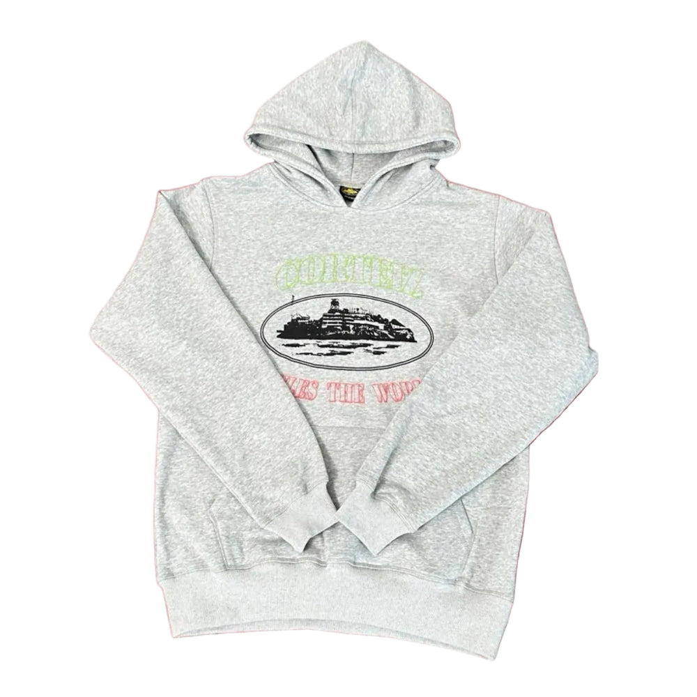 Corteiz “Alcatraz” Heather Grey Hoodie — Vintage Island Graphic on Oversized Streetwear Pullover