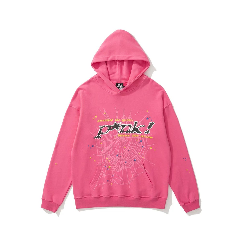 SP5DER Spider‑Web Graphic Print Pullover Hoodie Hip‑Hop Street‑Wear Sweatshirt