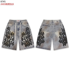 VALEFOREVER Vintage Washed Denim Shorts with Black 41 Embroidery Print
