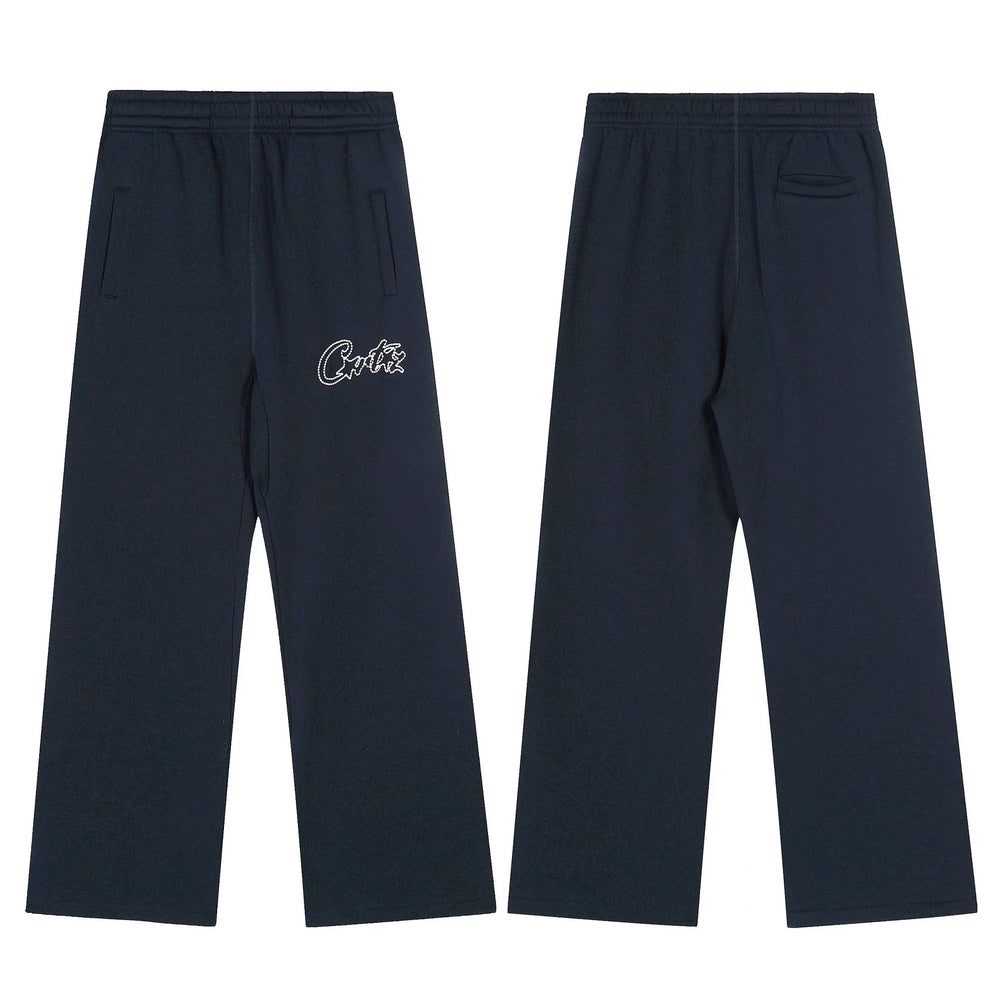 Navy Blue Minimalist Straight-Leg Sweatpants | Premium Streetwear Pants with Logo Detail