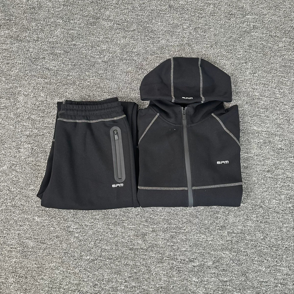 6PM Contrast‑Stitch Zip‑Up Hoodie & Sweatpants Matching Tracksuit