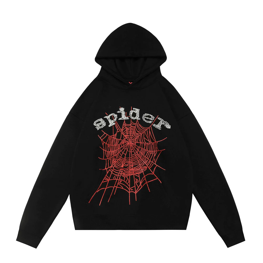 Sp5der Rhinestone Spider‑Web Pullover Hoodie Hip‑Hop Street‑Wear Sweatshirt