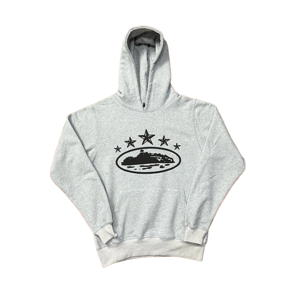Grey Vintage Star Graphic Hoodie – Oversized Streetwear Pullover Sweatshirt