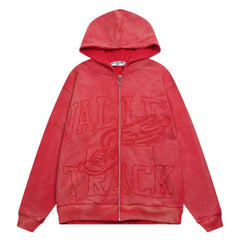 Valley Track Embossed Zip‑Up Hoodie, Unisex Red Vintage Streetwear Jacket
