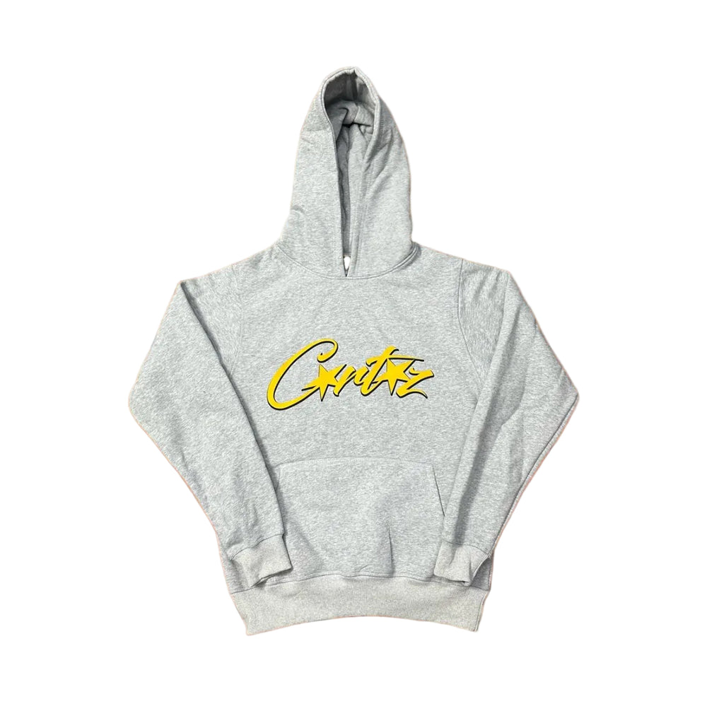Grey Script Logo Hoodie – Oversized Streetwear Pullover Sweatshirt