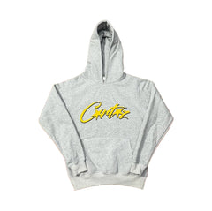 Grey Script Logo Hoodie – Oversized Streetwear Pullover Sweatshirt