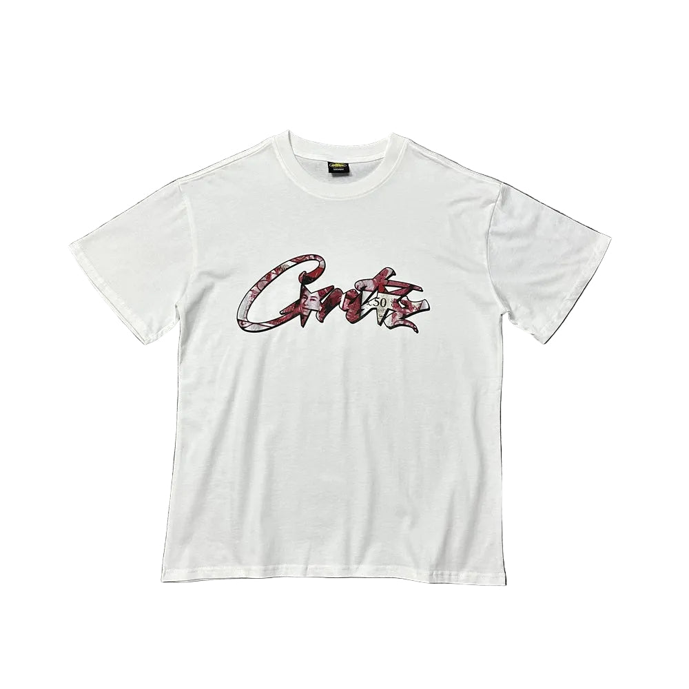 Corteiz Flame Script Logo White T-Shirt — Bold Streetwear Tee with Fiery Handstyle Print
