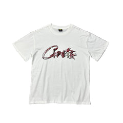 Corteiz Flame Script Logo White T-Shirt — Bold Streetwear Tee with Fiery Handstyle Print