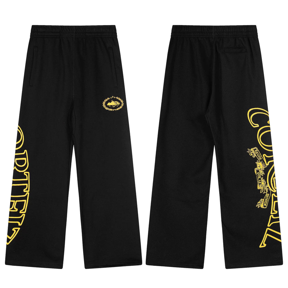 Black Graphic Straight-Leg Sweatpants | Luxury Streetwear Pants with Gold Side Print Detail