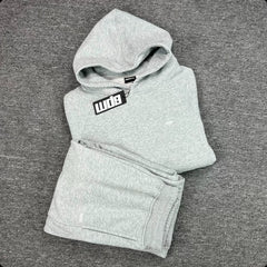 6PM Heather‑Grey Minimal Small‑Logo Hoodie & Wide‑Leg Sweatpants Matching Set