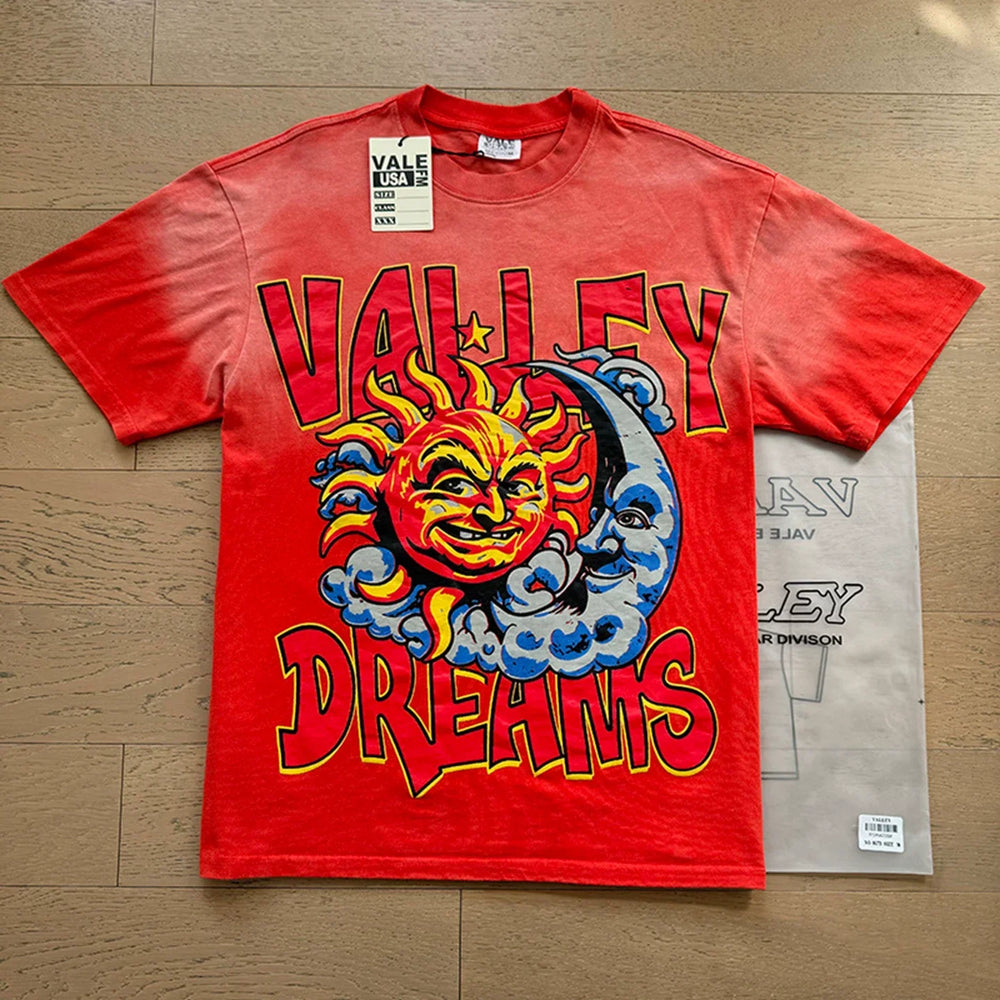 VALEFOREVER Red Sun Moon Valley Dreams Vintage Graphic Short Sleeve T-Shirt