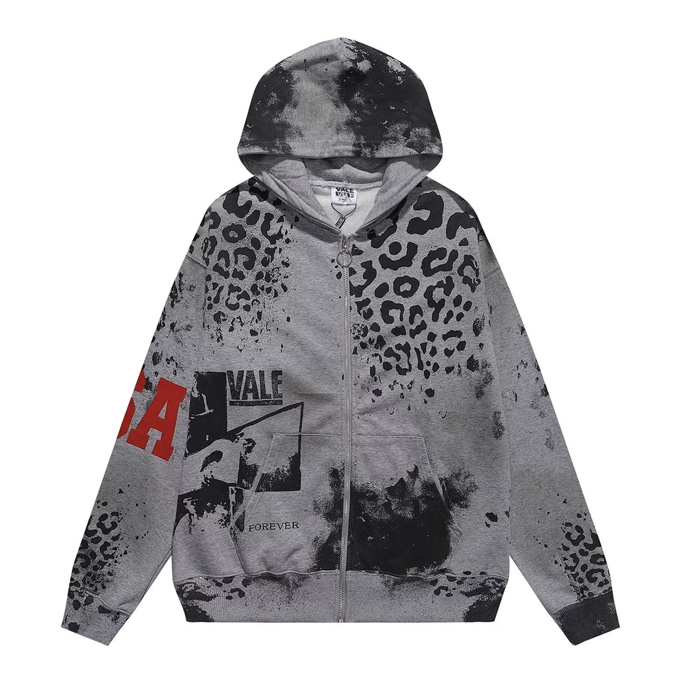 VALEFOREVER Grey Leopard Print Vintage Zip Up Hoodie