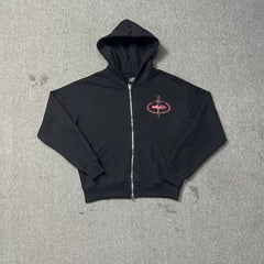 Black Zip-Up Hoodie | Streetwear Hoodie with Red Embroidered Logo Detail
