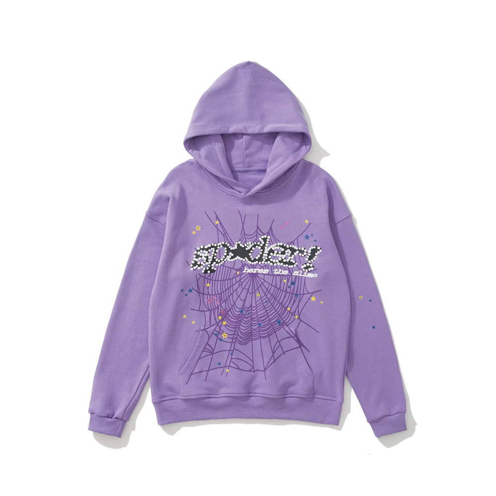 SP5DER Spider‑Web Graphic Print Pullover Hoodie Hip‑Hop Street‑Wear Sweatshirt