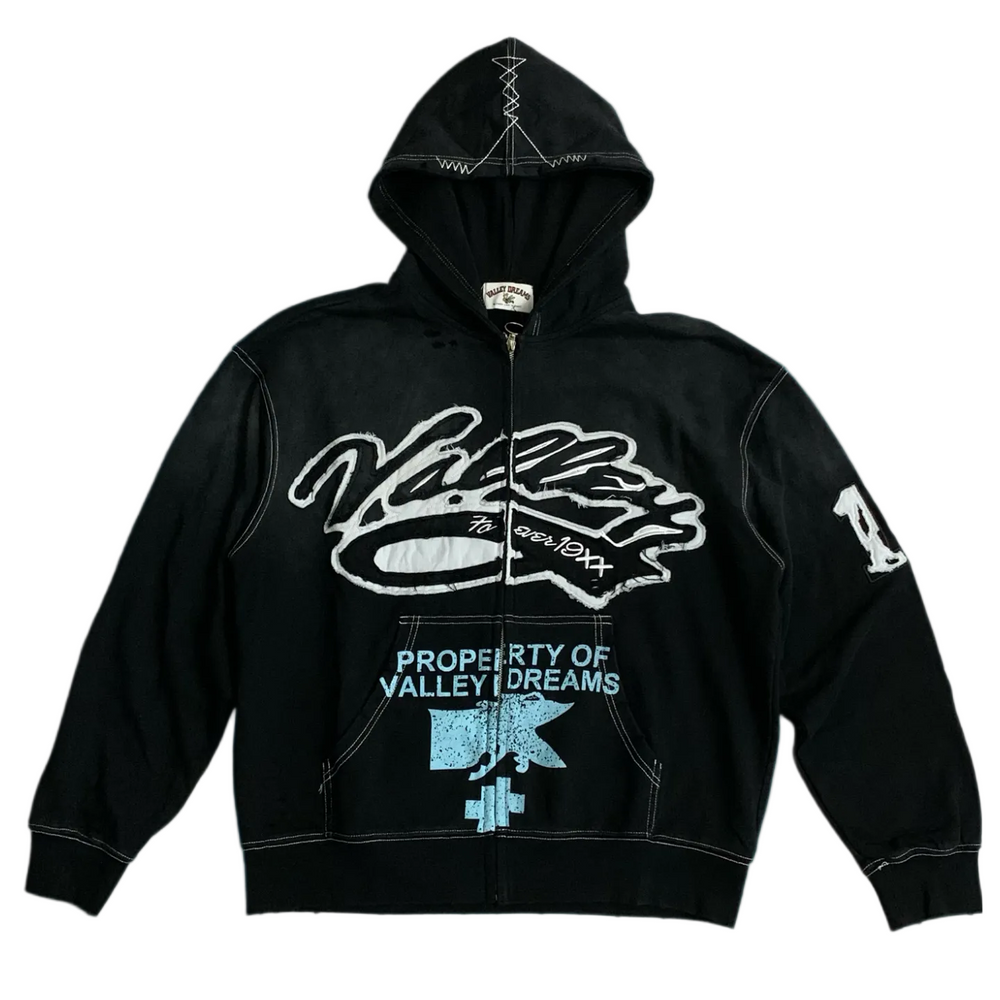 Valley Dreams Property‑Of Black Zip‑Up Hoodie, Unisex Vintage Streetwear Jacket