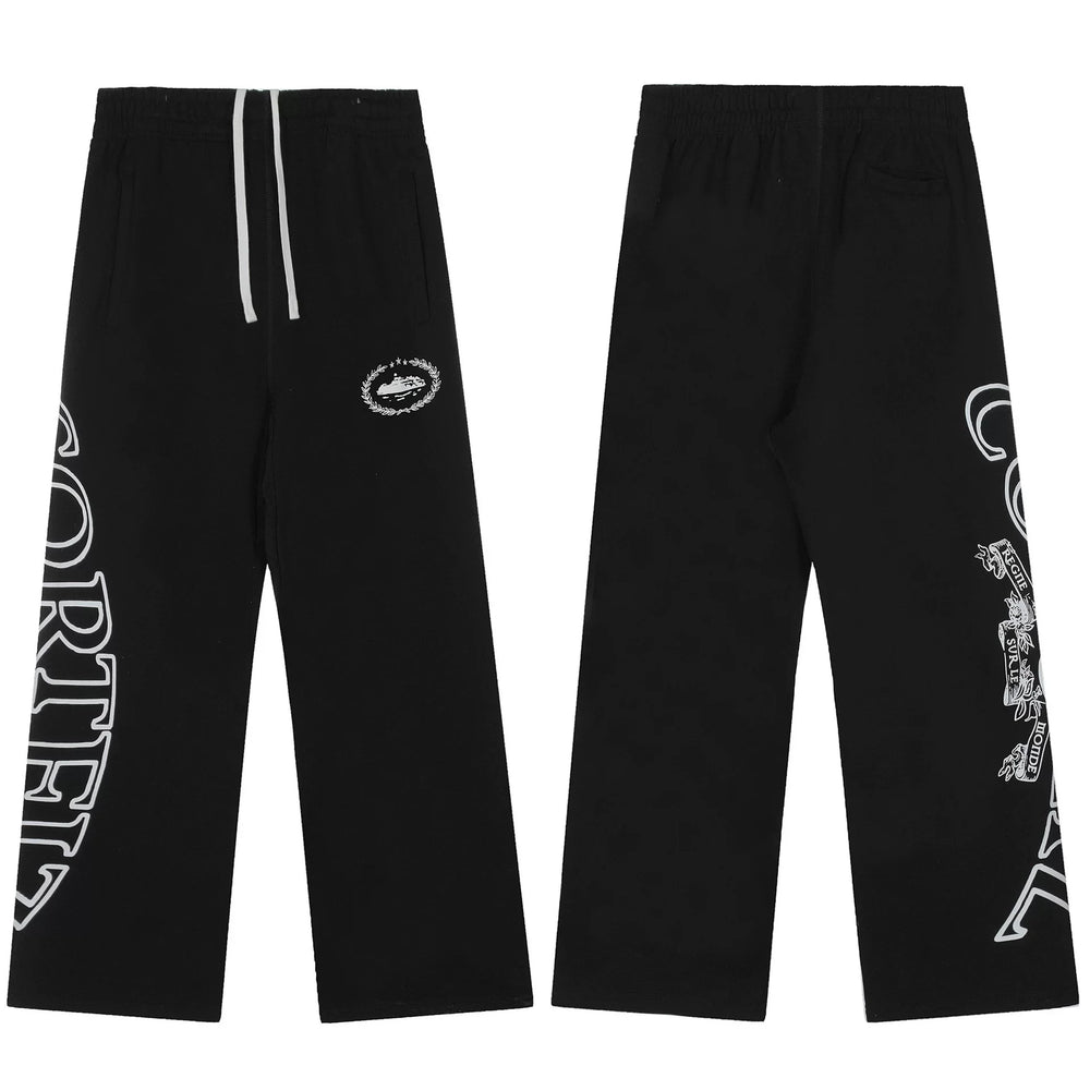 Black Graphic Straight-Leg Sweatpants | Urban Streetwear Pants with Side Print Detail